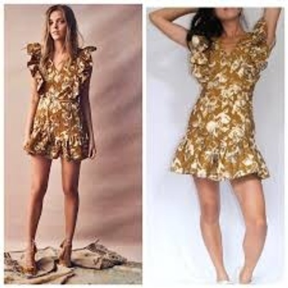 LoveShackFancy‎ Alana Gold Floral Brocade Ruffle Mini Dress Metallic 0 XS